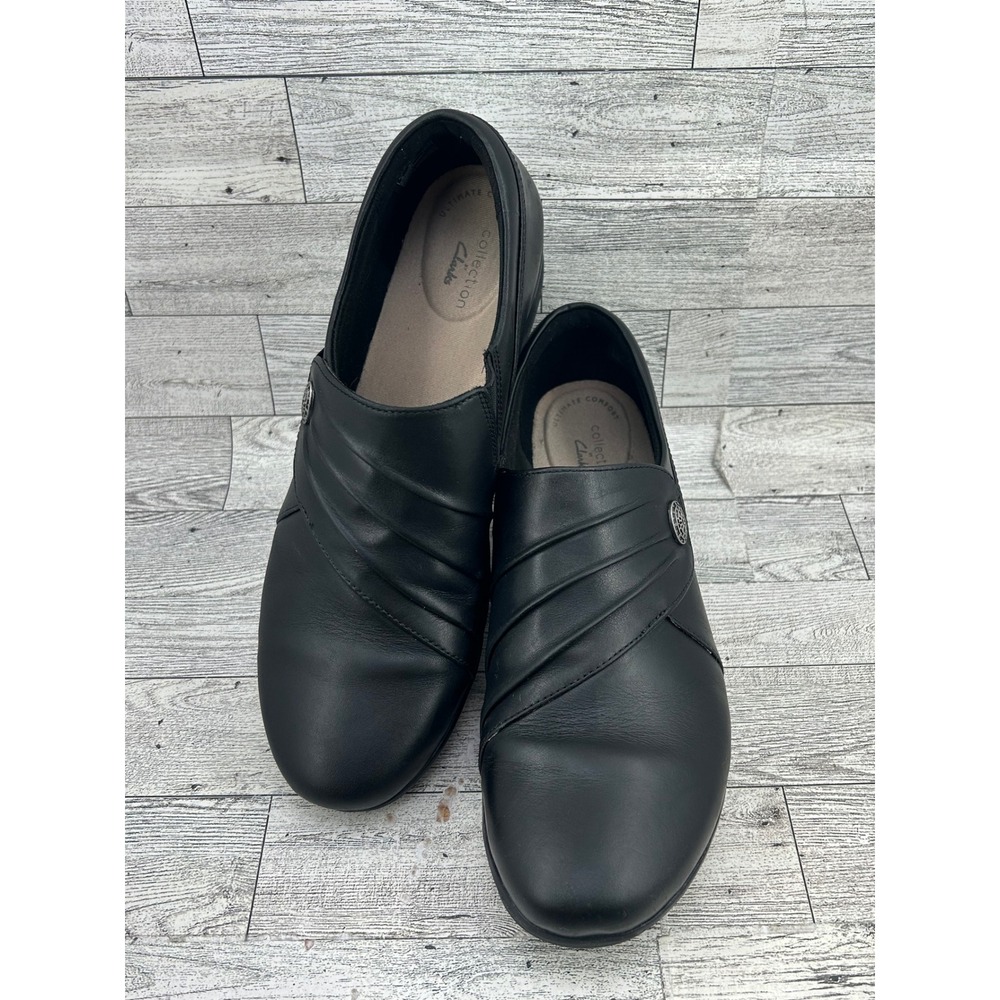 Clarks Collection Women 9M Black Leather Pleated Slip On Loafers 261372004065